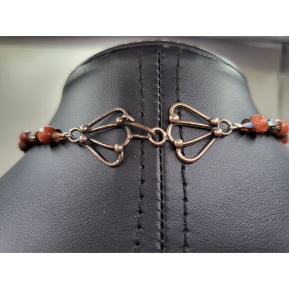 Fused Glass Art Pendant Necklace Goldstone Beaded Boho Statement 19 In - Picture 13 of 13